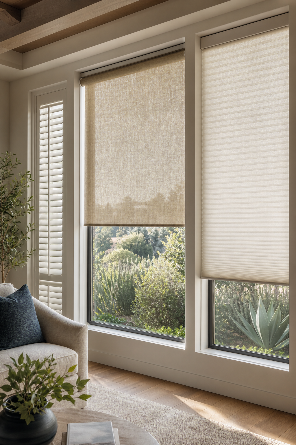 Specialty roller shade, cellular shade, and plantation shutters in a finished living room